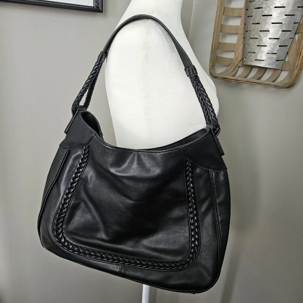 Sole/Society Large Black Faux Leather Braided Detail Hobo Shoulder Bag